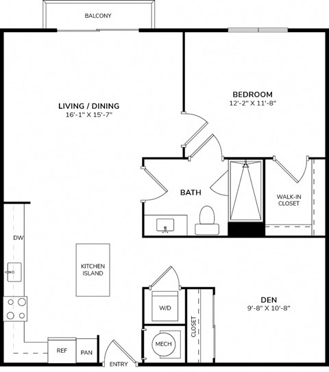 Floor plan for 1 bed, 1 bath, 899 sqft